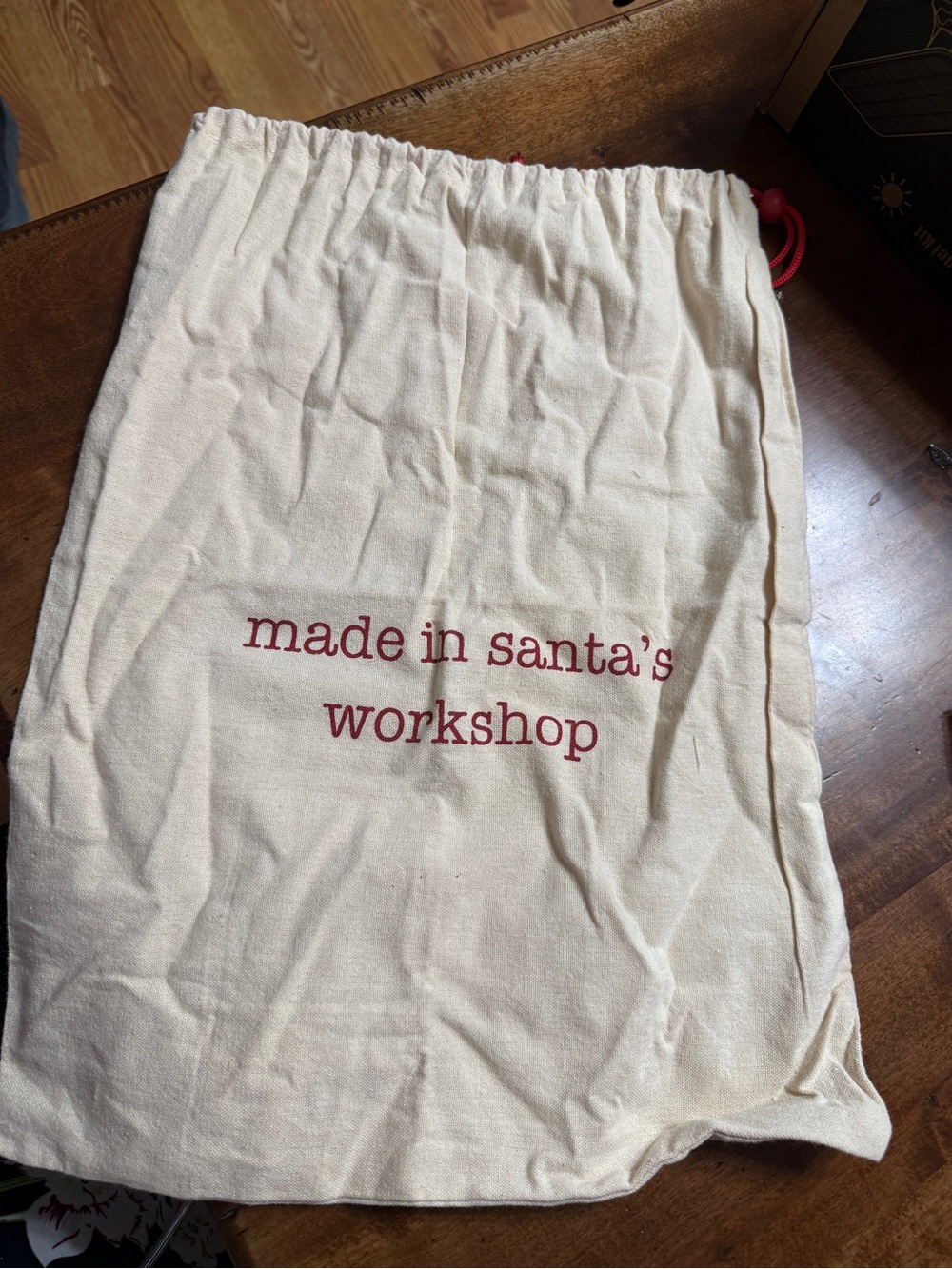 Canvas Drawstring Gift Bag - "made in santa's workshop" - Cream & Red ( 3 )
